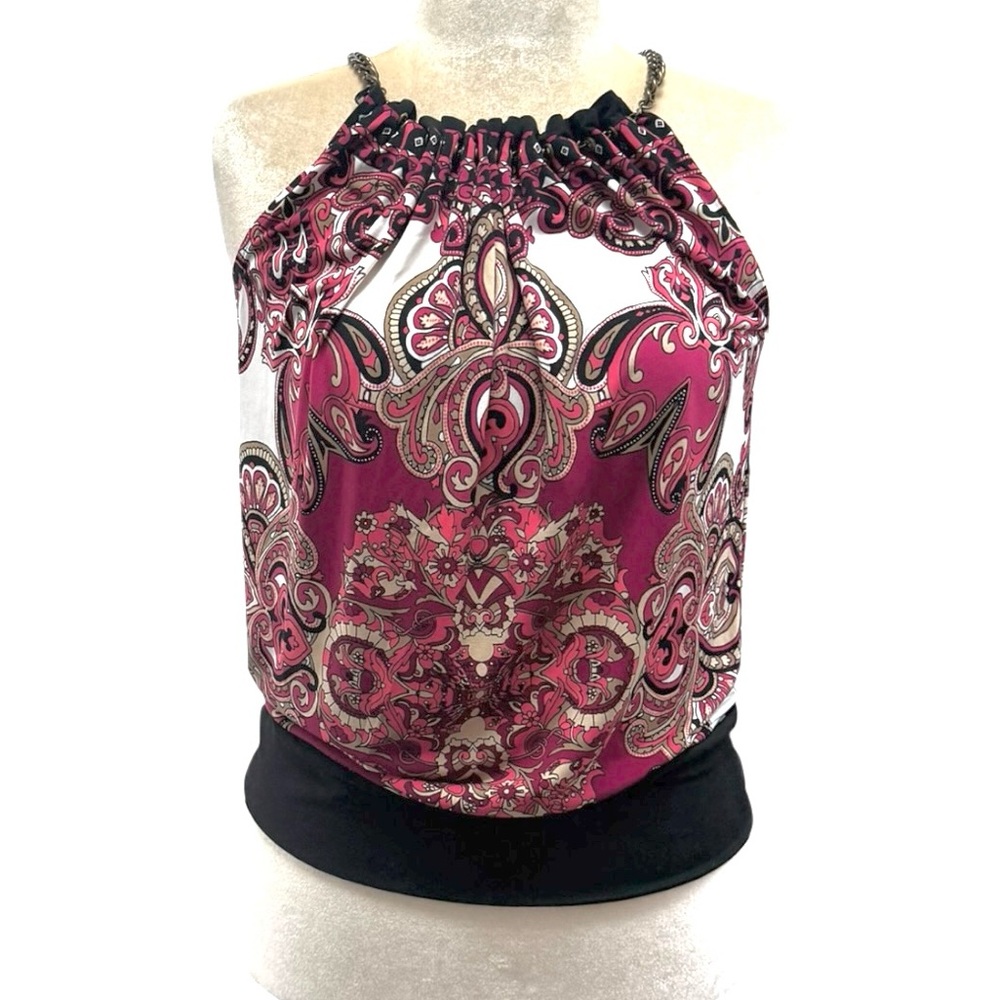 CACHÉ Vintage Y2K Halter Top Chain Neck Paisley Print Pink Black Boho Medium